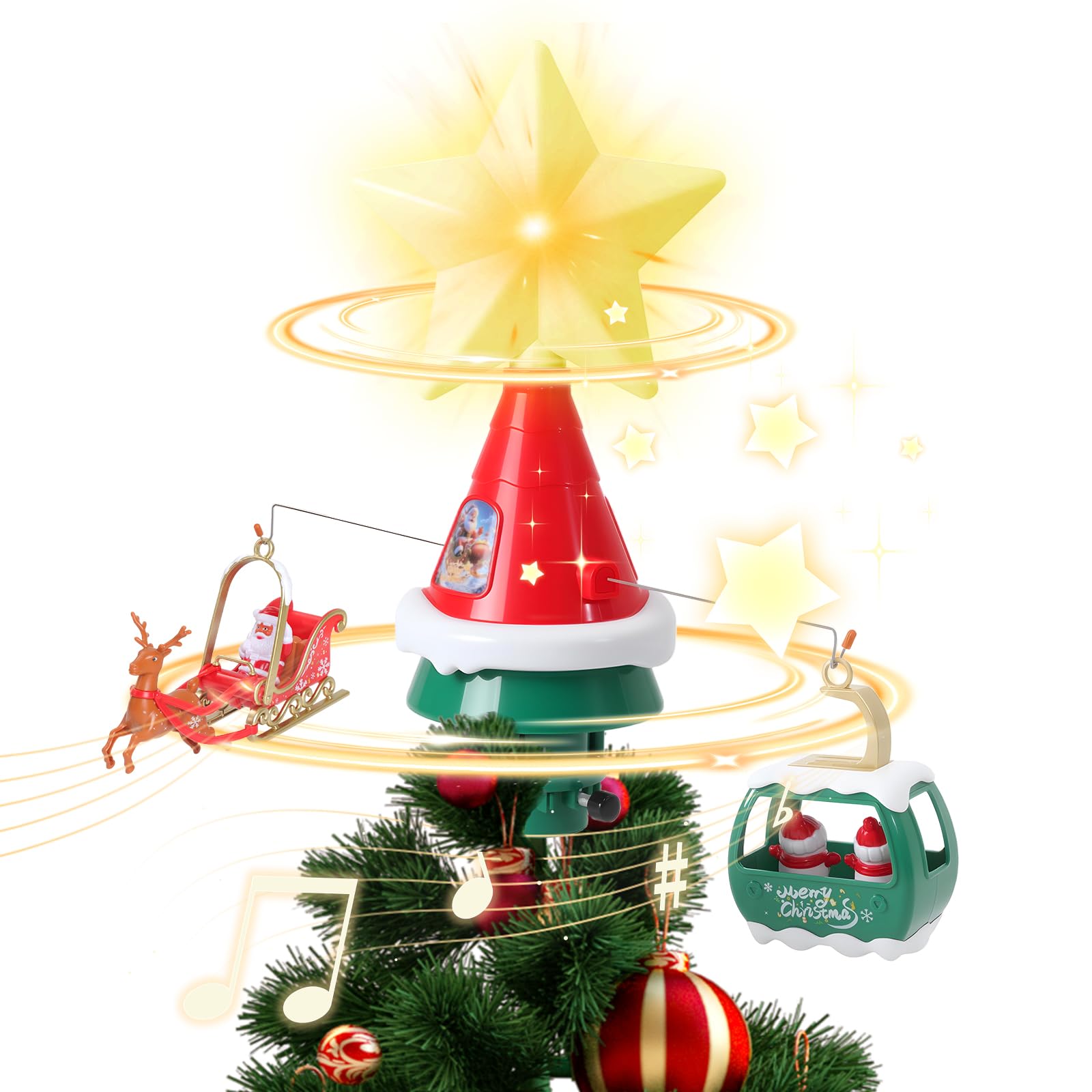 Decoración giratoria para árbol de Navidad con estrella LED, trineo de Papá Noel y teleférico, decoración musical alimentada por USB