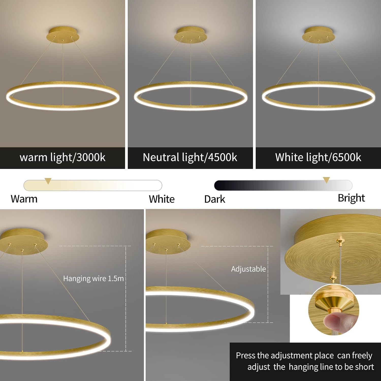 15.7in Modern Pendant Lights, Acrylic Anti Flicker Pendant Lamp with Remote Control LED Dimmable 3 Color Mode & Brightness (Warm & Cool & Neutral Light) Ceiling Lamp for Kitchen,Chandelier Gold