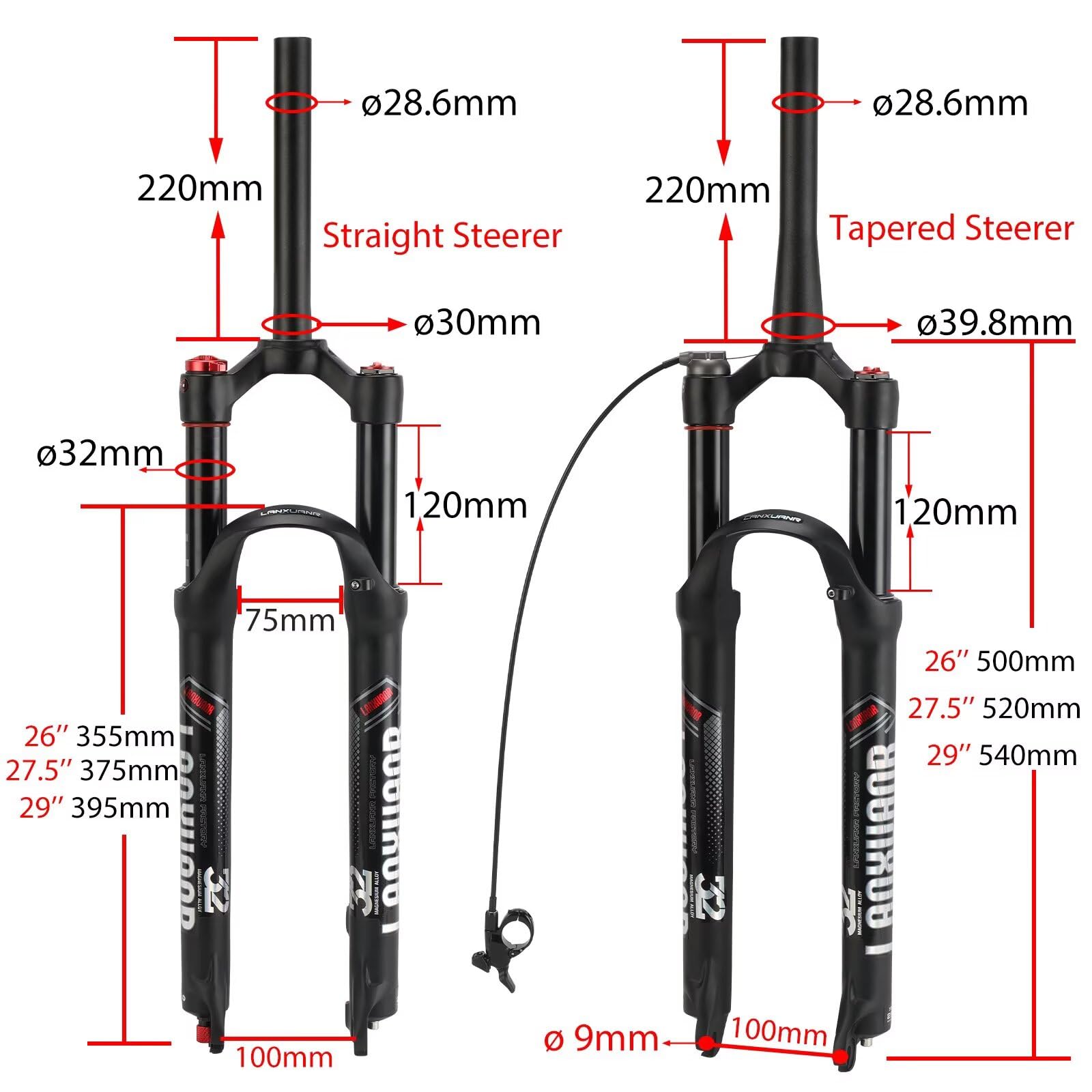 Horquilla para Bicicleta de montaña de 26/27,5/29 Pulgadas. Ajuste de Rebote, suspensión neumática. Tubo Recto/cónico de 1-1/8 Pulgadas x 220 mm, Cierre rápido de 9 x 100 mm, Freno de Disco