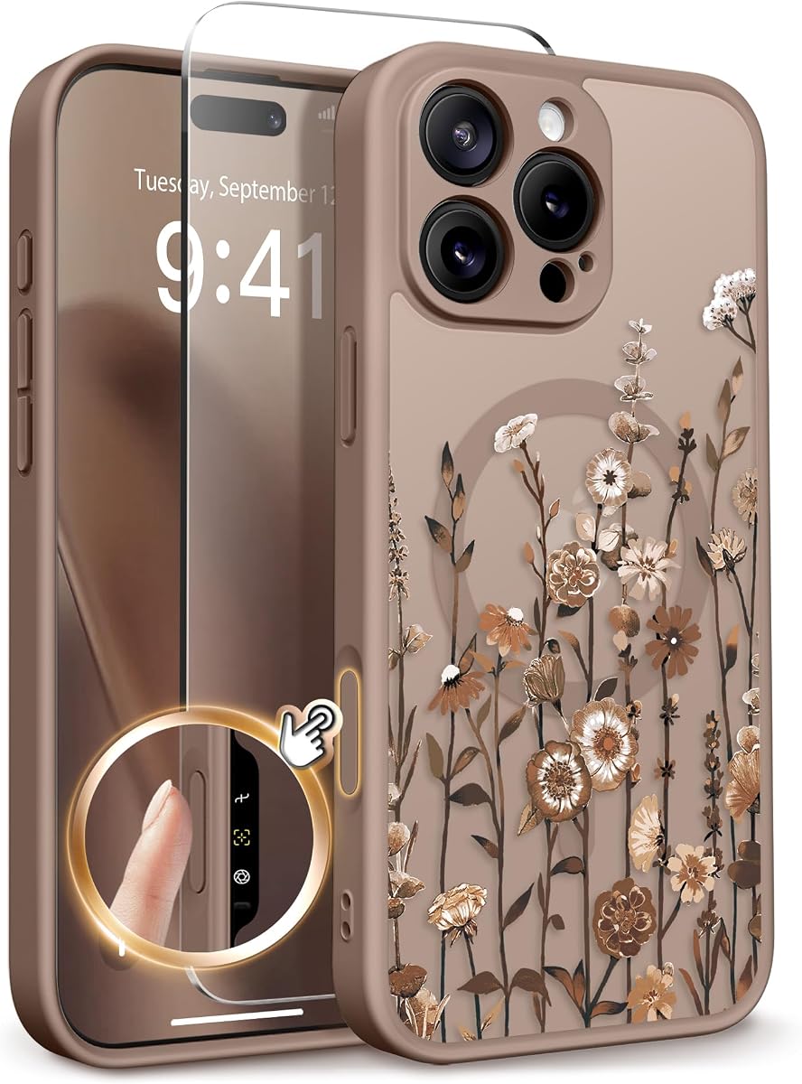 GVIEWIN for iPhone 16 Pro Max Case Compatible with MagSafe Screen Protector | Military Grade Protection, Full Camera Protection, Floral Translucent, Women Magnetic Phone Case, Floratopia/Brown