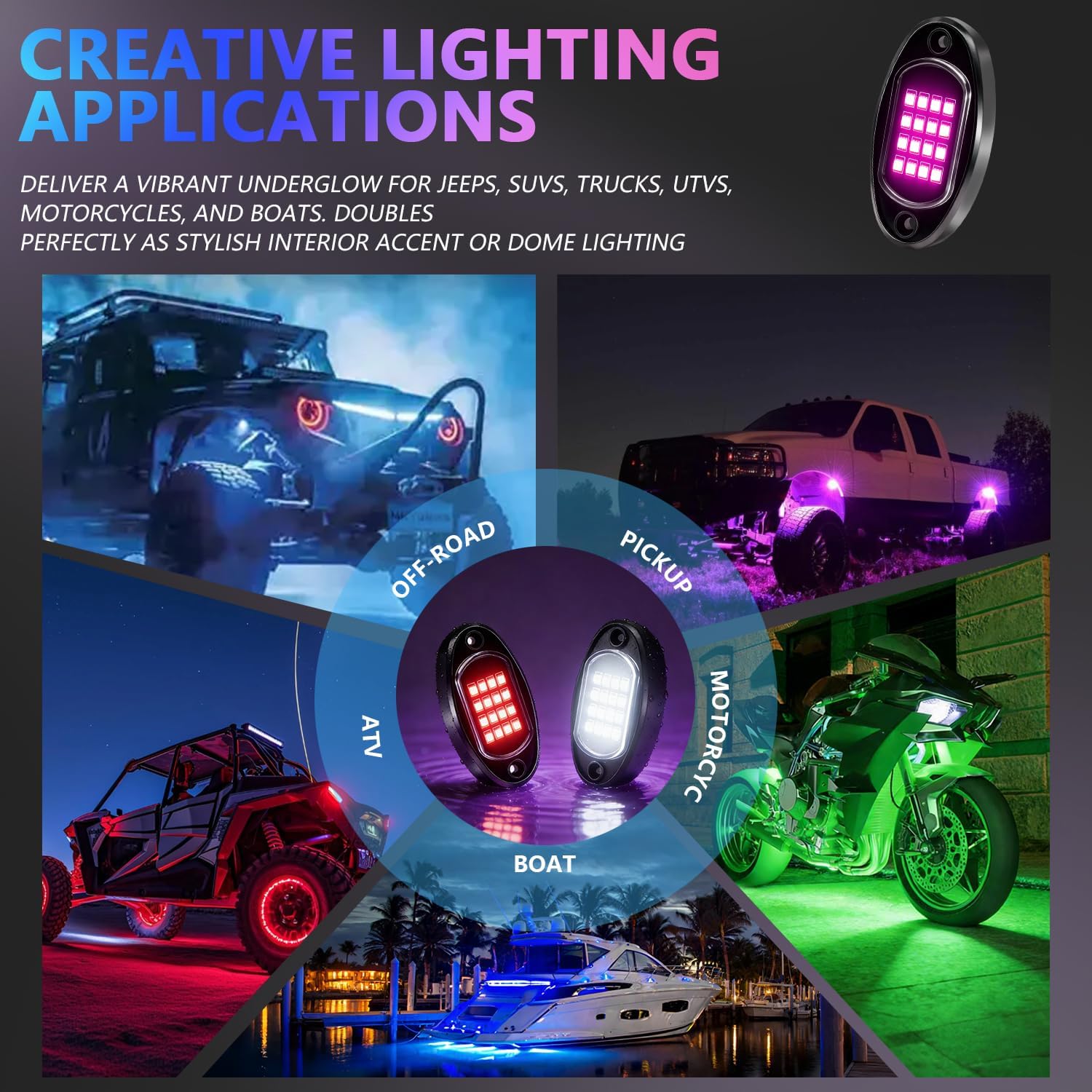 8 Pods RGB LED Rock Lights for Jeeps Trucks Golf Carts & UTVs, Waterproof Underglow Kit with APP Control, Music Mode, 12V Underbody Neon Lights for Cars, ATV, RZR, SUV, Offroad Vehicles