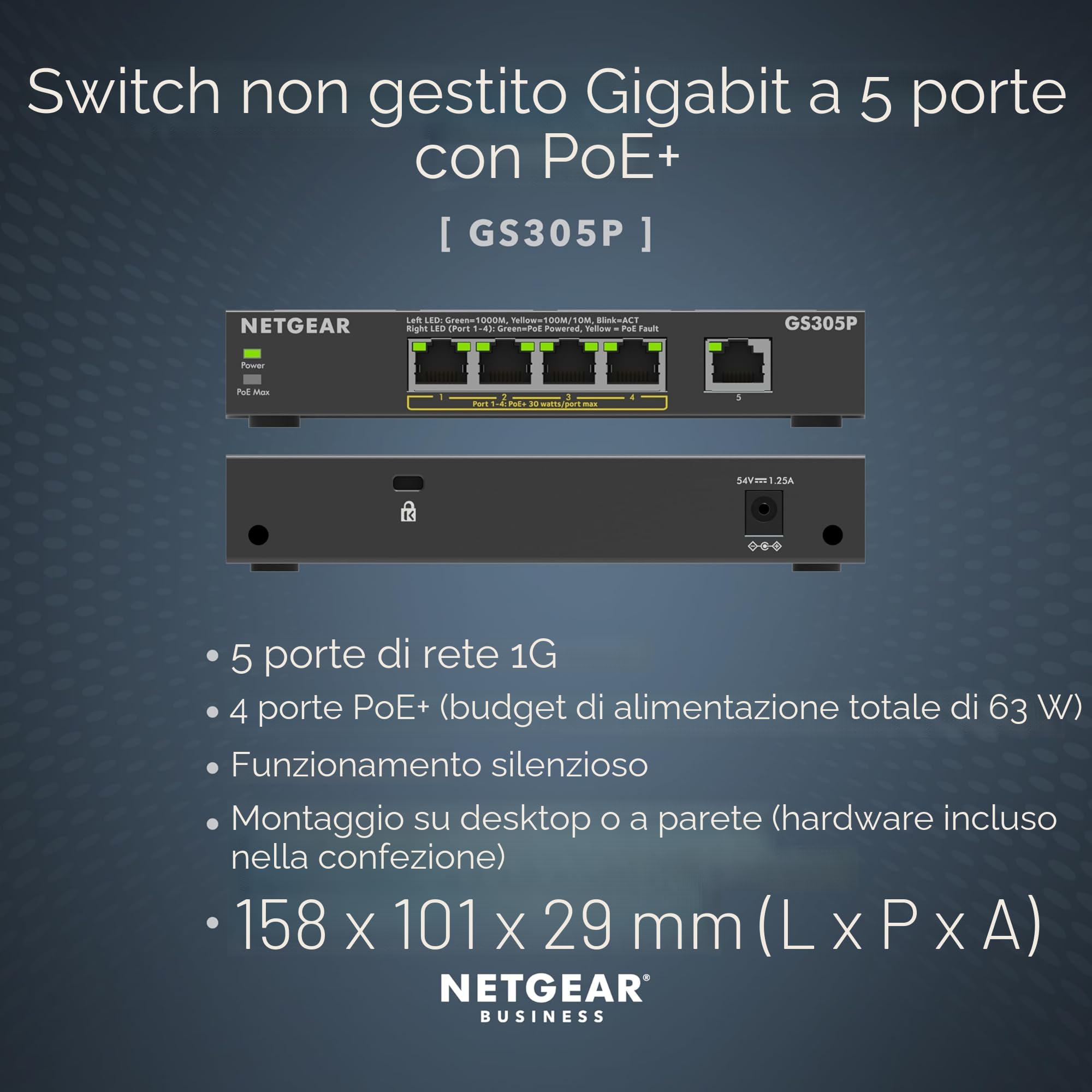 NETGEAR Switch Ethernet Unmanaged (GS305P), Switch PoE a 5 Porte, con 4 PoE+ a 63 W, Montaggio su Scrivania o a Parete.