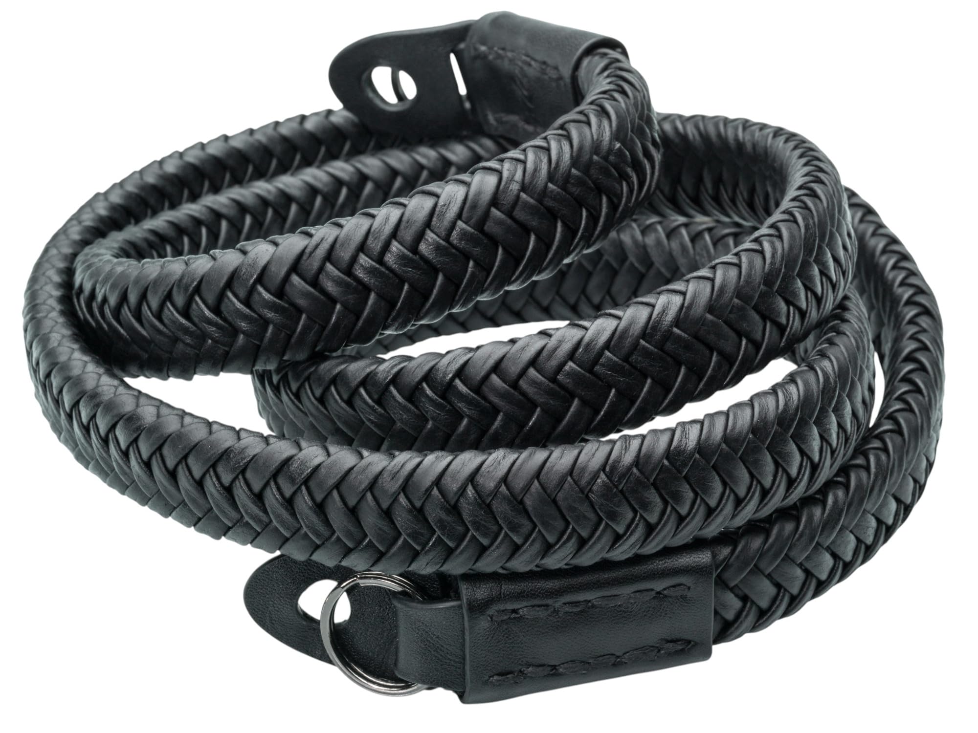 Vi Vante Leather Braided Camera Strap Matador Noir w/Electroplated Rings, Hand-Made 47 inches (Black w/Keyring Mount)