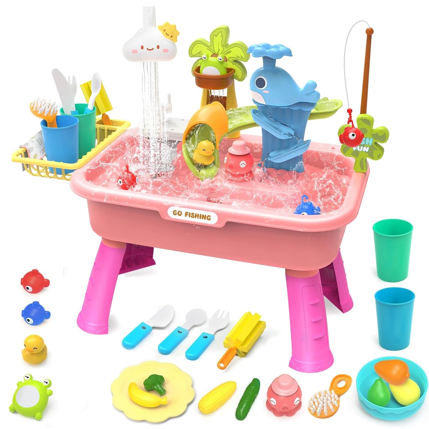Upgraded Toddler Sand Water Table Toy with Electric Water Pump, Kids Sand Water with Faucet/Play Food Accessories/Fishing Toy, Kitchen Play Sink Toys for Girl Boy Age 3+ (Pink)