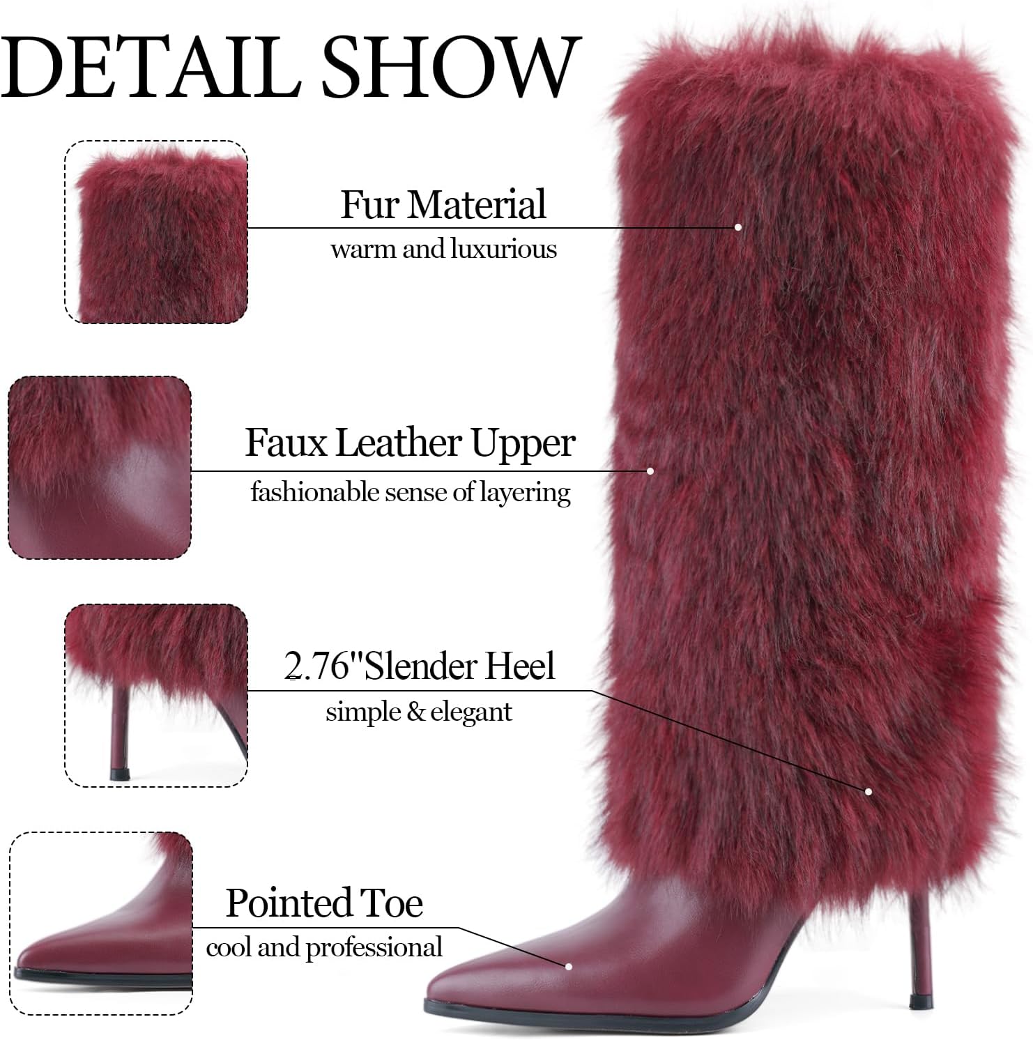QIV Fur Knee High Boots women Pointed Toe Stiletto Winter Fashion Tall Boot for Women