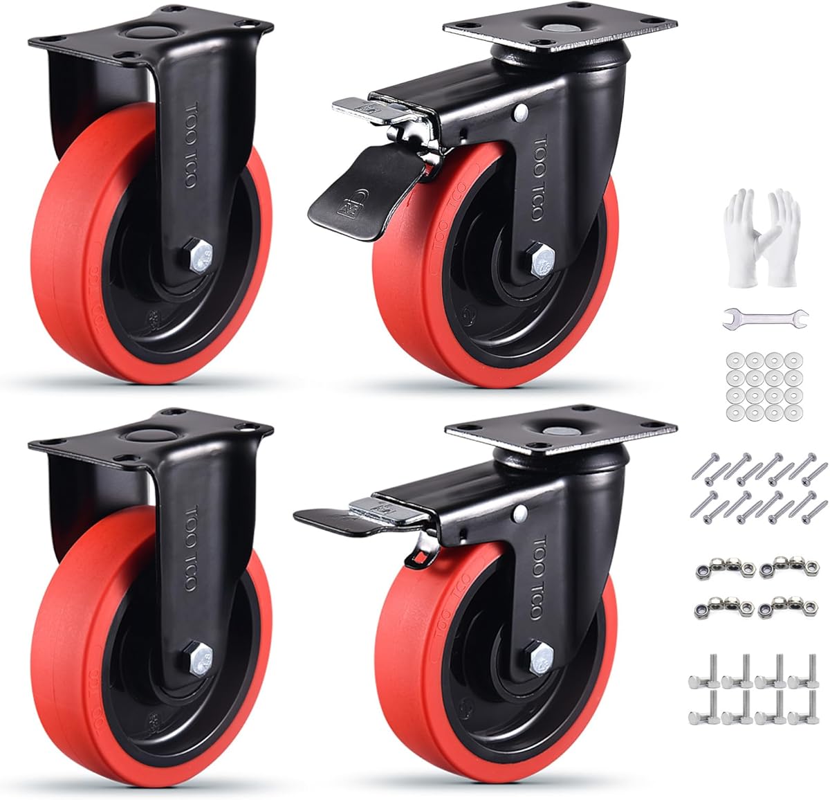 Heavy Duty 5 Inch Caster Wheels Set of 4 3000Lbs Capacity Silent Swivel with brake & Rigid TPR Rubber Wheels Locking Industrial Plate Casters for Cart Furniture Workbench 2 Fixed & 2 Swivel with Brake