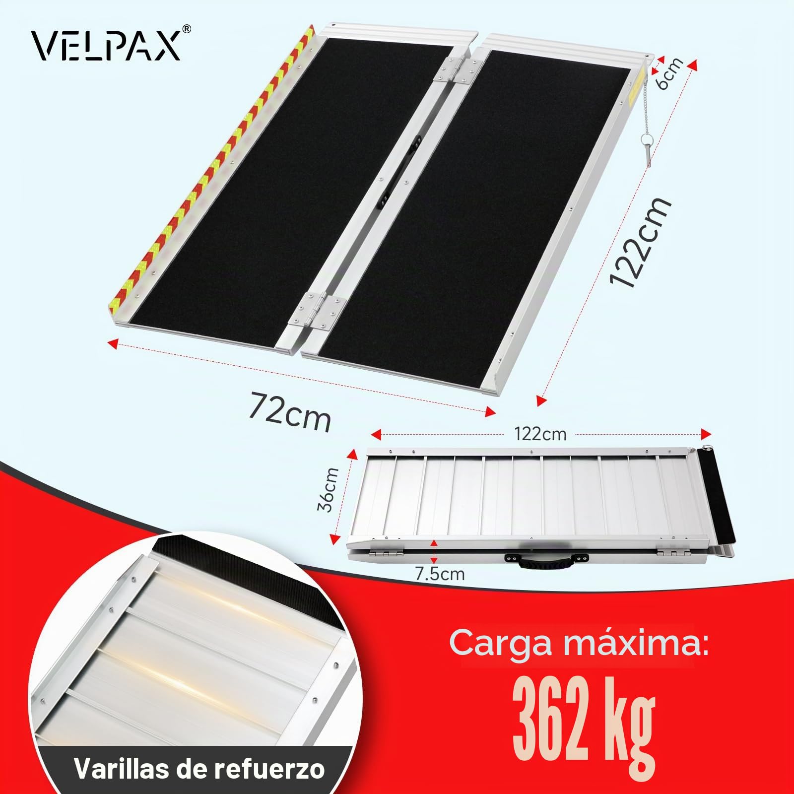 Rampa para Sillas de Ruedas Plegable y Portátil de 122 cm, Soporta 362 kg – Antideslizante para Sillas de Ruedas, Ideal para Umbrales y Escaleras