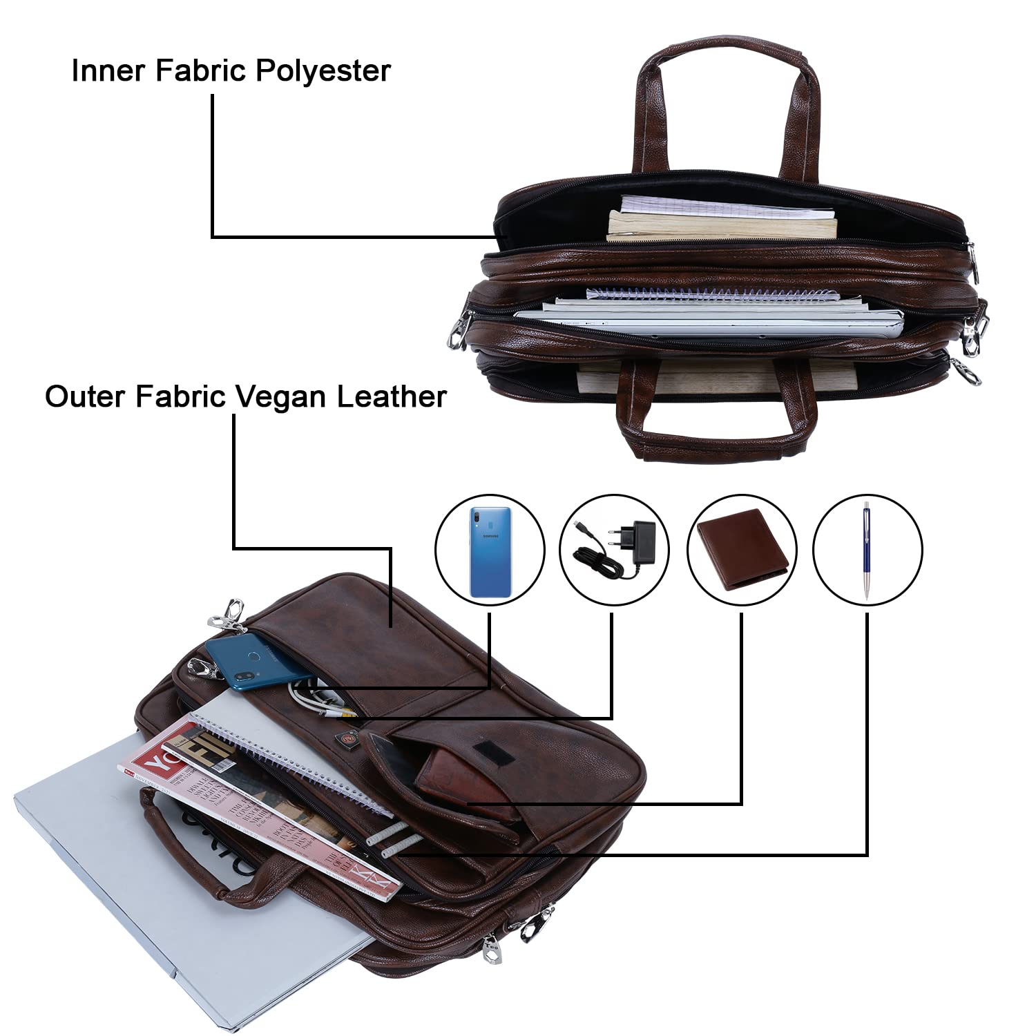 Teo 15.6 Inch Laptop Messenger Bag I Padded Laptop Compartment with Adjustable Strap I Extra Zip Compartments I Dimension: L-40 x W-20 H-30Cm Brown Colour 14