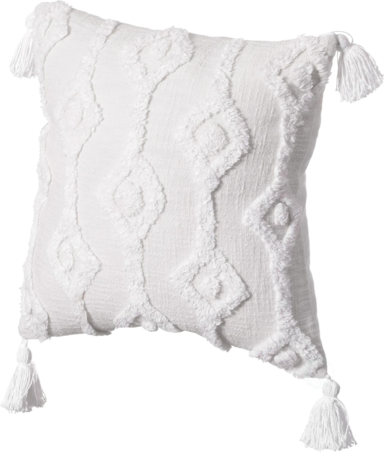 Deerlux 16" Handwoven Cotton Throw Pillow Cover with Small White Tufted Diamond Pattern and Tassel Corners, White