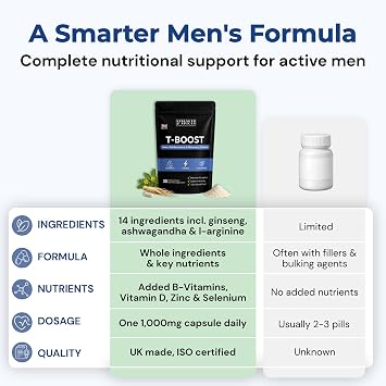 T-Boost 1000mg Men’s Performance & Recovery Formula – Natural Herbal Supplement with Ginseng, Maca, Ashwagandha – Supports Energy, Strength & Endurance – Vegan & UK Made – 30 Capsules