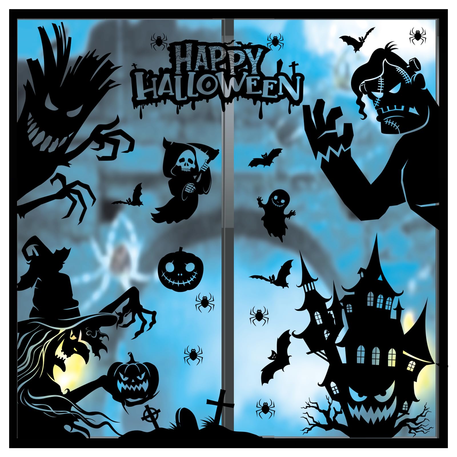 KOCOVIMI Halloween Window Clings, Creative and Fun Halloween Window Decorations,a Great Amount of Spookiness,Pumpkins, Witches,Bats,Great for Halloween Party and Holiday Indoor Decorations 9 Sheets
