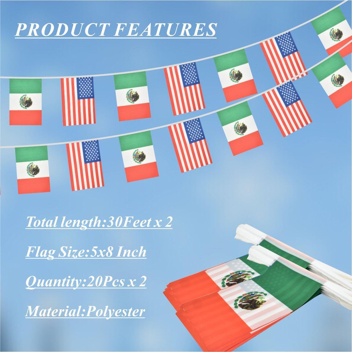 2 Pack American Mexican Flag Banner, 60 Feet Friendship Garland, 40 Pieces, 5x8 Inch