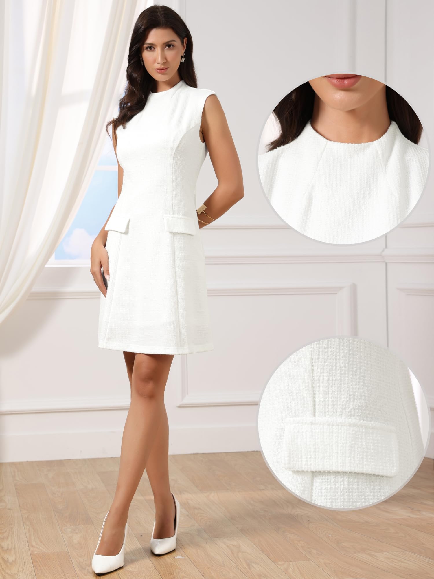 Allegra K Vestido de Tweed para Mujer sin Mangas con Cuello Alto Vestido Tubo de Oficina