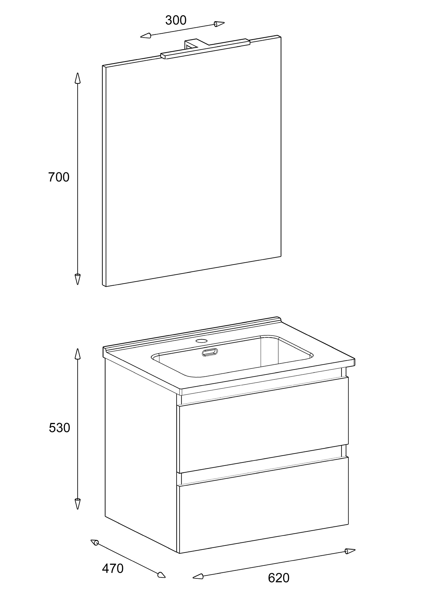 MaMa Store Atena Mobile sospeso con lavabo, specchio e lampada LED, Laminato, Bianco Lucido Laccato L. 62 X P. 47 X H. 53 Cm