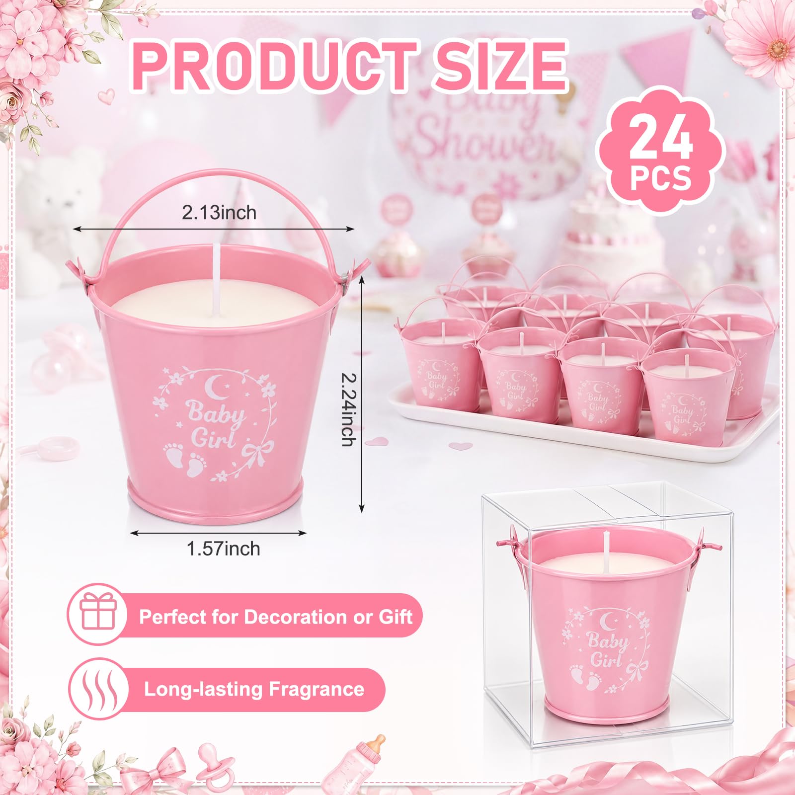 Treela Set di 24 candele per baby shower per ospiti profumate alla lavanda, 51 g, candela in cera di soia rosa secchio di ferro e confezione regalo per neonata rivelazione di genere forniture per