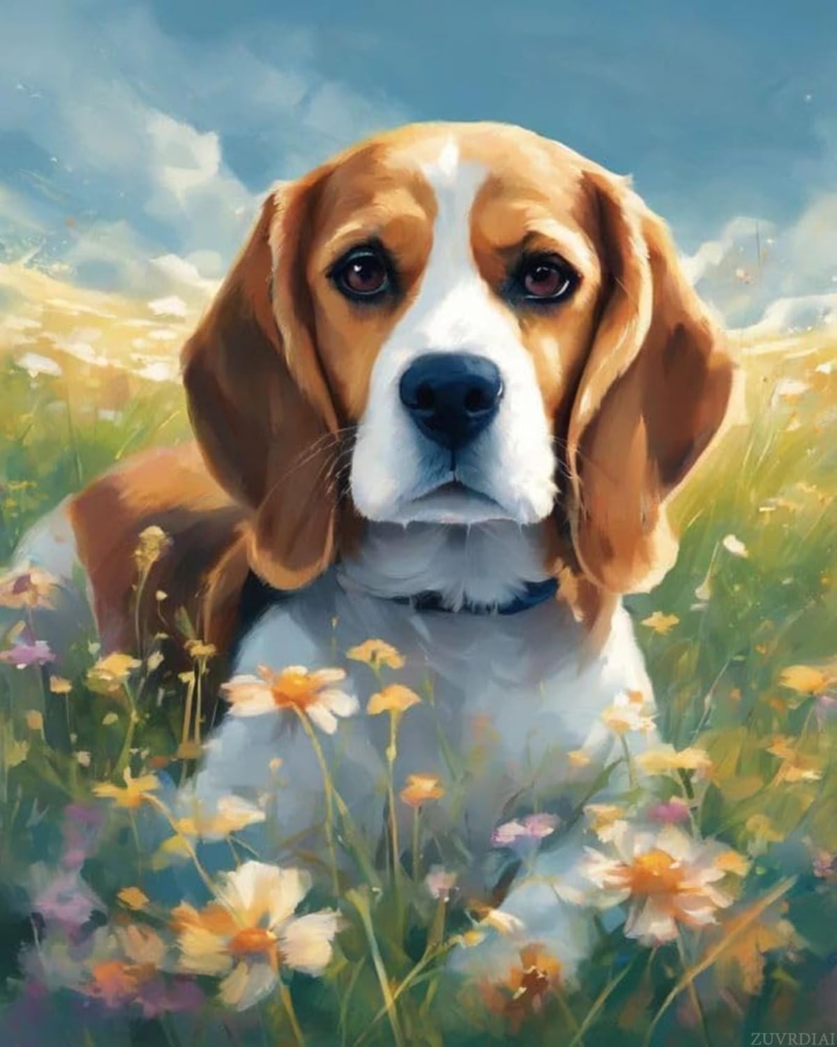 ZUVRDIAI Paint by Number Kits Beagle Dog on Flower Meadow Canvas DIY Oil Painting for Adults, Beginner with Brushes and Acrylic Paint 16 x 20 Inch (Without Frame)