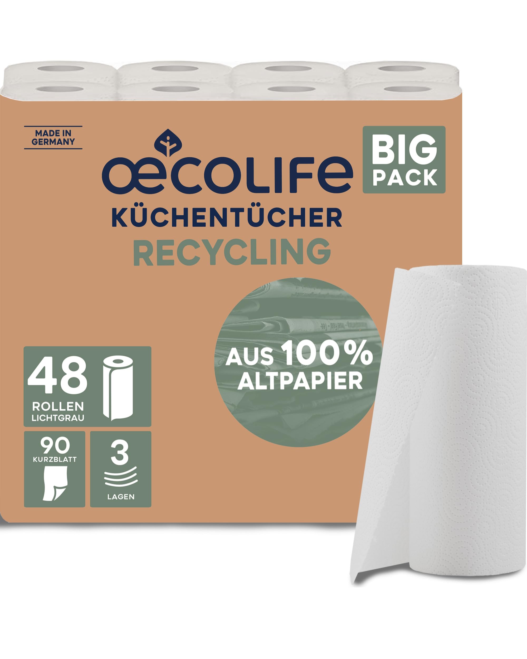 œcolife Küchentücher RECYCLING, 48 Rollen à 90 Blatt, 3-lagige Küchenrollen aus Recyclingpapier, nachhaltig, Made in Germany