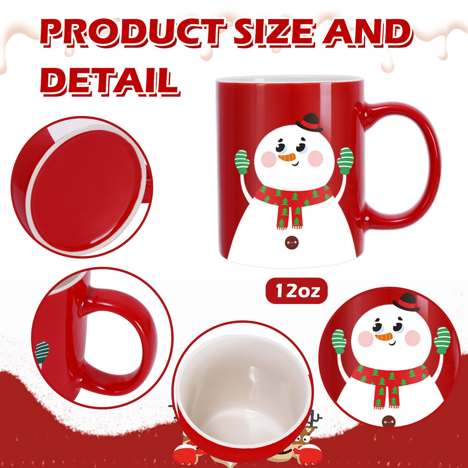 Whaline Lot de 6 tasses de Noël de 355 ml, motif Père Noël, bonhomme de neige, renne, pingouin, tasse à café de Noël rouge et vert en céramique pour la maison, l'école, le bureau, centre de table,