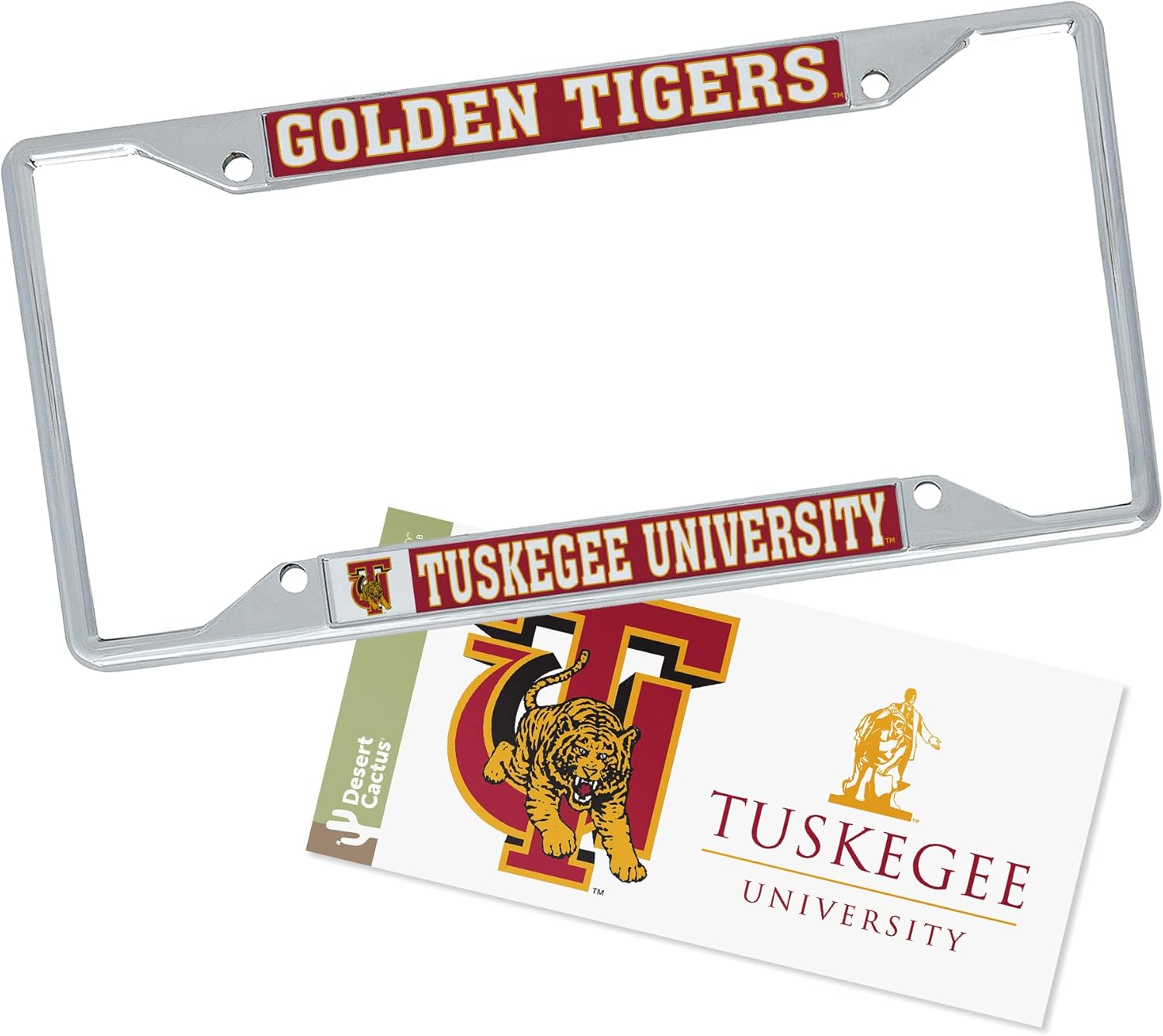 Desert Cactus Tuskegee University License Plate Frame Metal Car Tag Holder and Sticker for Front or Back of Car Officially Licensed (Sticker Frame Combo - Mascot)
