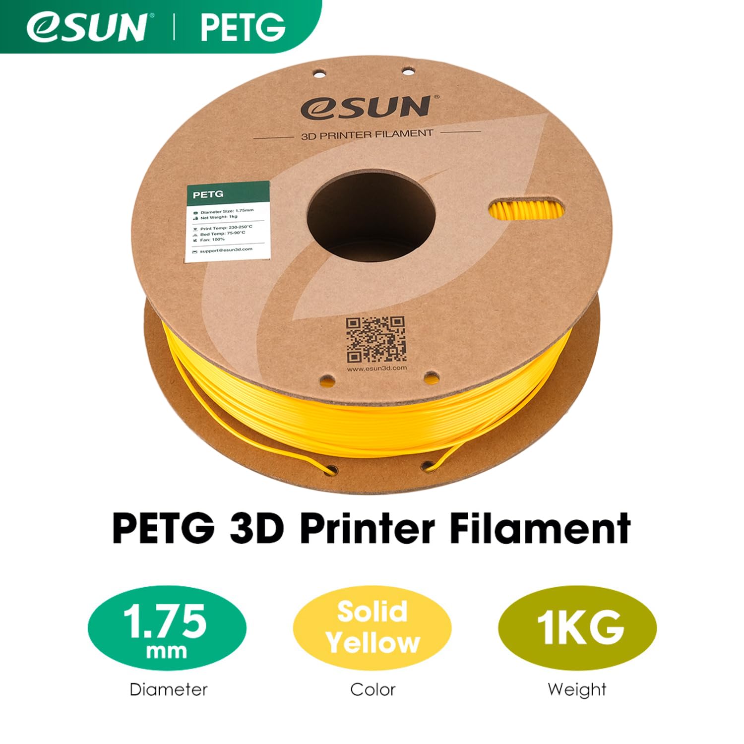 eSUN Filamento PETG 1.75mm, Filamento per Stampante 3D PETG, Precisione Dimensionale +/- 0.05mm, Bobina da 1kg (2.2 libbre) Filamento per Stampa 3D per Stampanti 3D, Giallo Solido