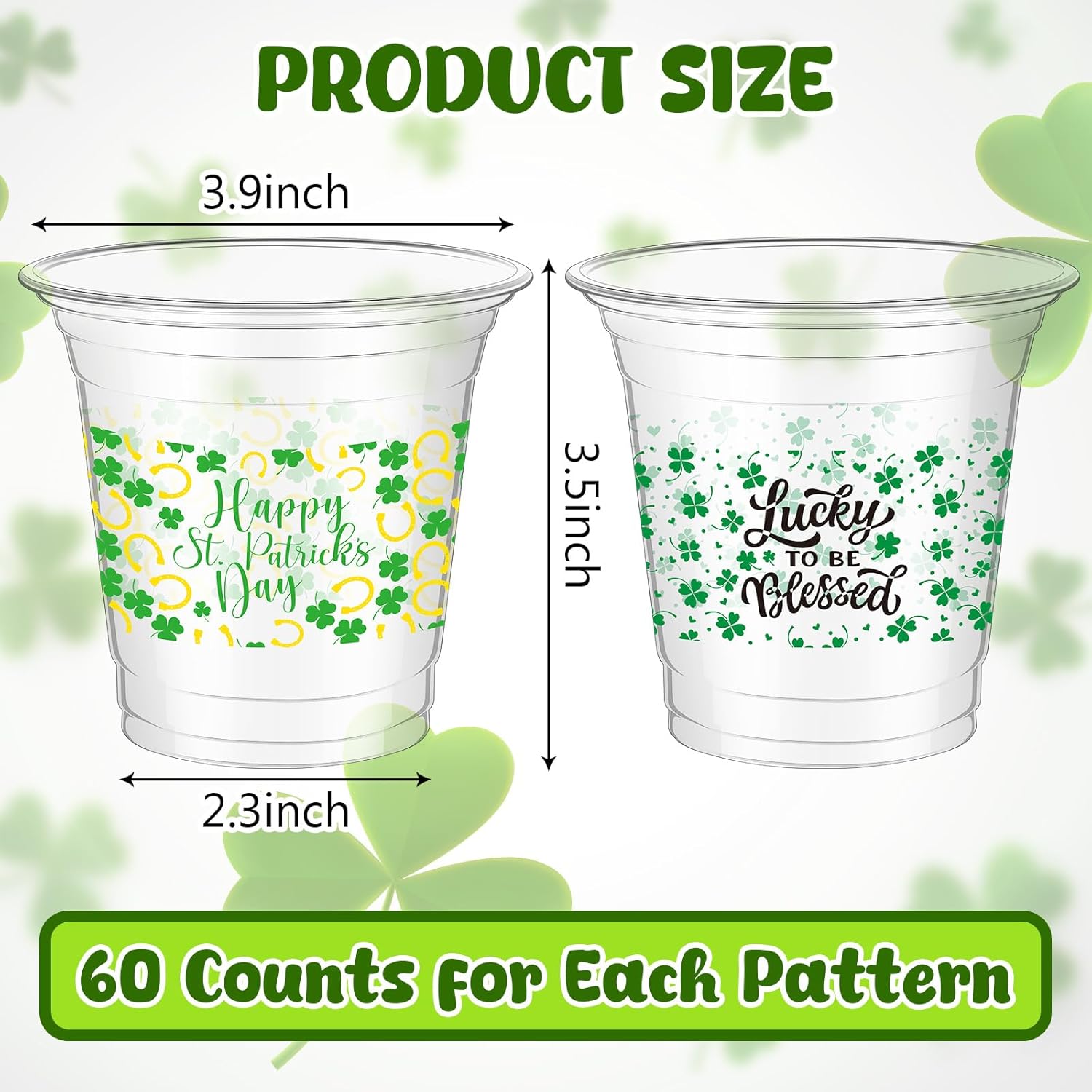 Tioncy 120 Pcs 12oz St. Patrick's Day Cups Disposable Shamrock Cup Clear Plastic irish Ireland Cups St. Patrick's Day Party Favors Green Lucky Cup for Cold Drink Beer Ice Cream Beverage Snacks