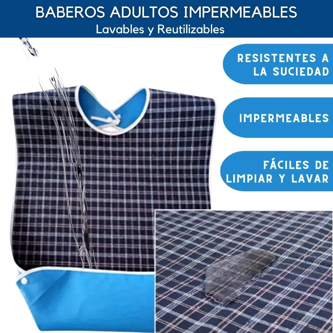 Pack Baberos Adultos Gran Tamaño| Babero Adulto Impermeable | Cierre Ajustable Con Corchetes | Con Recogemigas | Reutilizable y Lavable A Máquina | Cómodo Para Personas Mayores