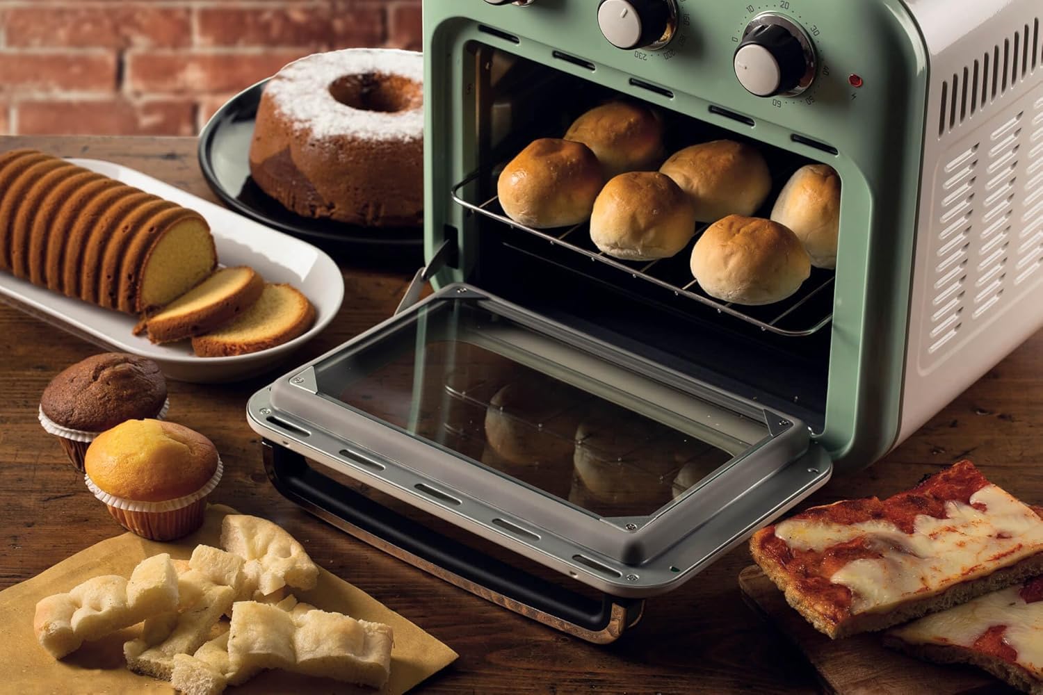 Ariete Vintage, 4632 2-in-1 Heißluftfritteuse und Ofen, 16 L Fassungsvermögen, Körbe und Drehspieß aus Edelstahl, Temperatur bis 230°C, 60-Minuten-Timer, Doppelverglasung, 1400W, Grün