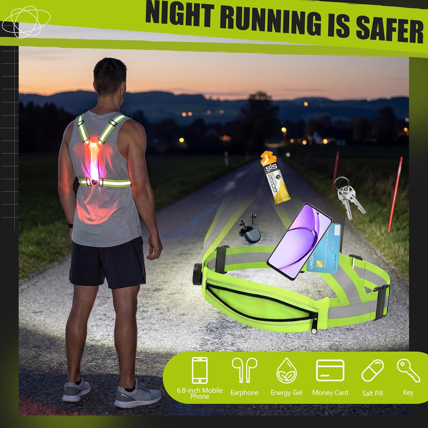 300 Lumens LED Reflective Running Vest, 4 Lighting Modes & 8 Color Options, USB Rechargeable Light up Safety Gear Vest with Waist Bag, Detachable Light for Night Running, Cycling, Walking