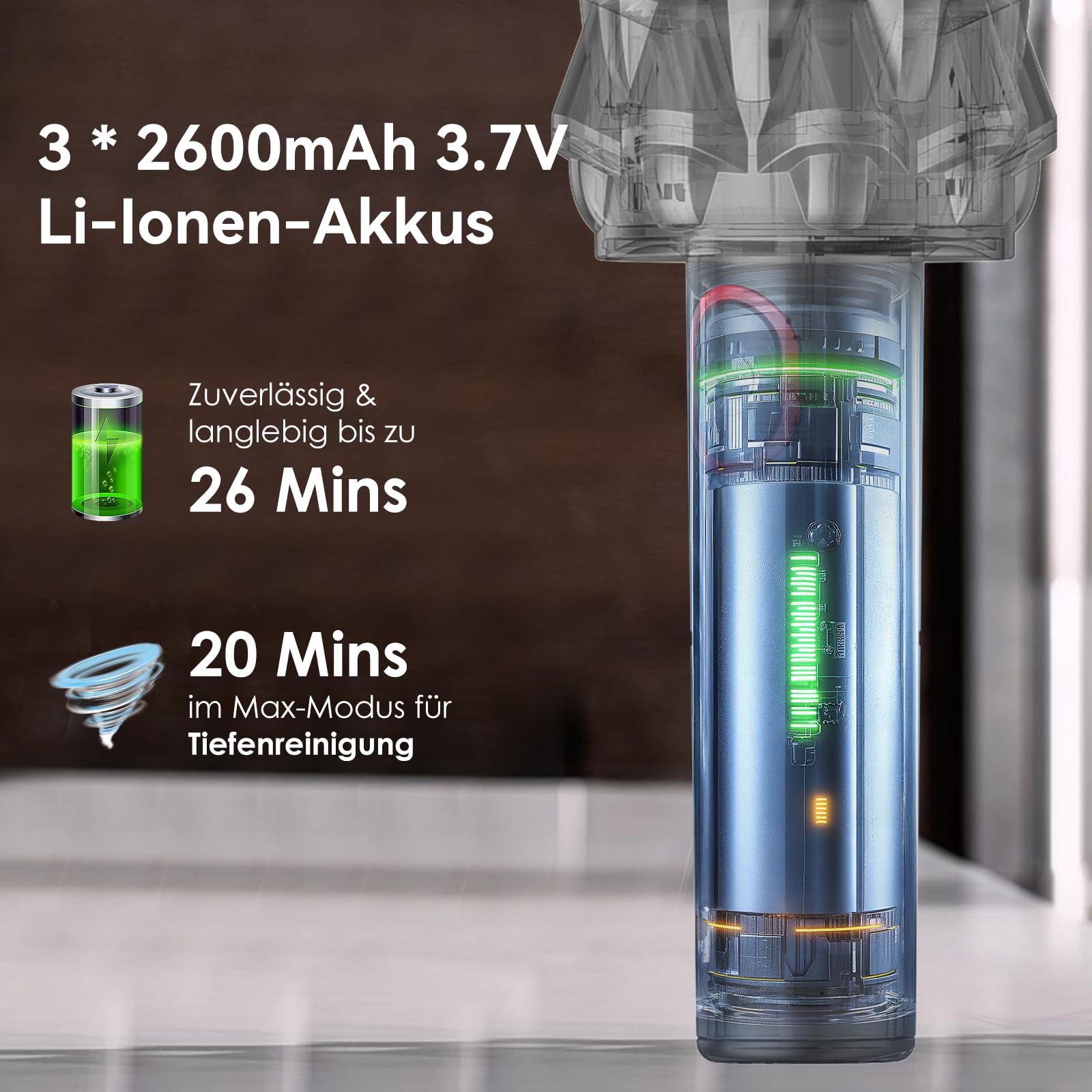 Akitas Pro H2 Handstaubsauger, Handstaubsauger Akku - 0,5 kg Ultra-Leichter Staubsauger: Bis zu 26 Min. Laufzeit, HEPA- & Stahlfilter, 2-in-1 für Auto, Sofa & Zuhause