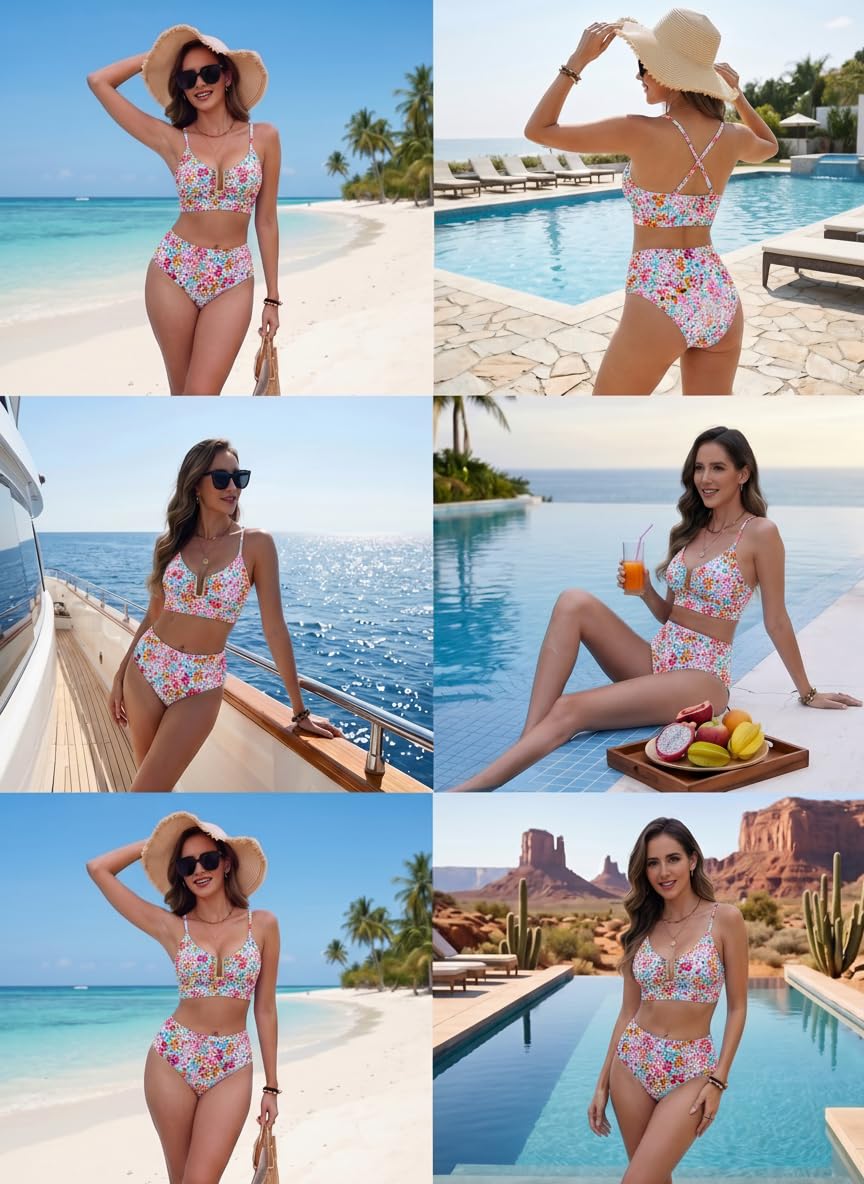 HORISUN Bikini da donna a vita alta, due pezzi, con spalline regolabili, chiusura in metallo a U, push up, snellente sulla pancia, costume da bagno per vacanze in spiaggia e piscina