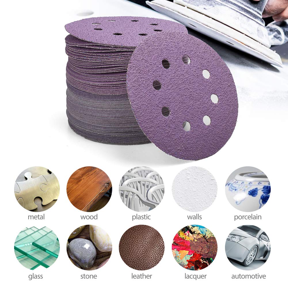 LotFancy 5 Inch 8 Hole Sanding Discs, 100PCS 40 60 80 120 180 220 240 320 400 800 Grit Assorted Professional Sandpaper, Hook and Loop Random Orbital Sander Round Sand Paper: Tools & Home Improvement