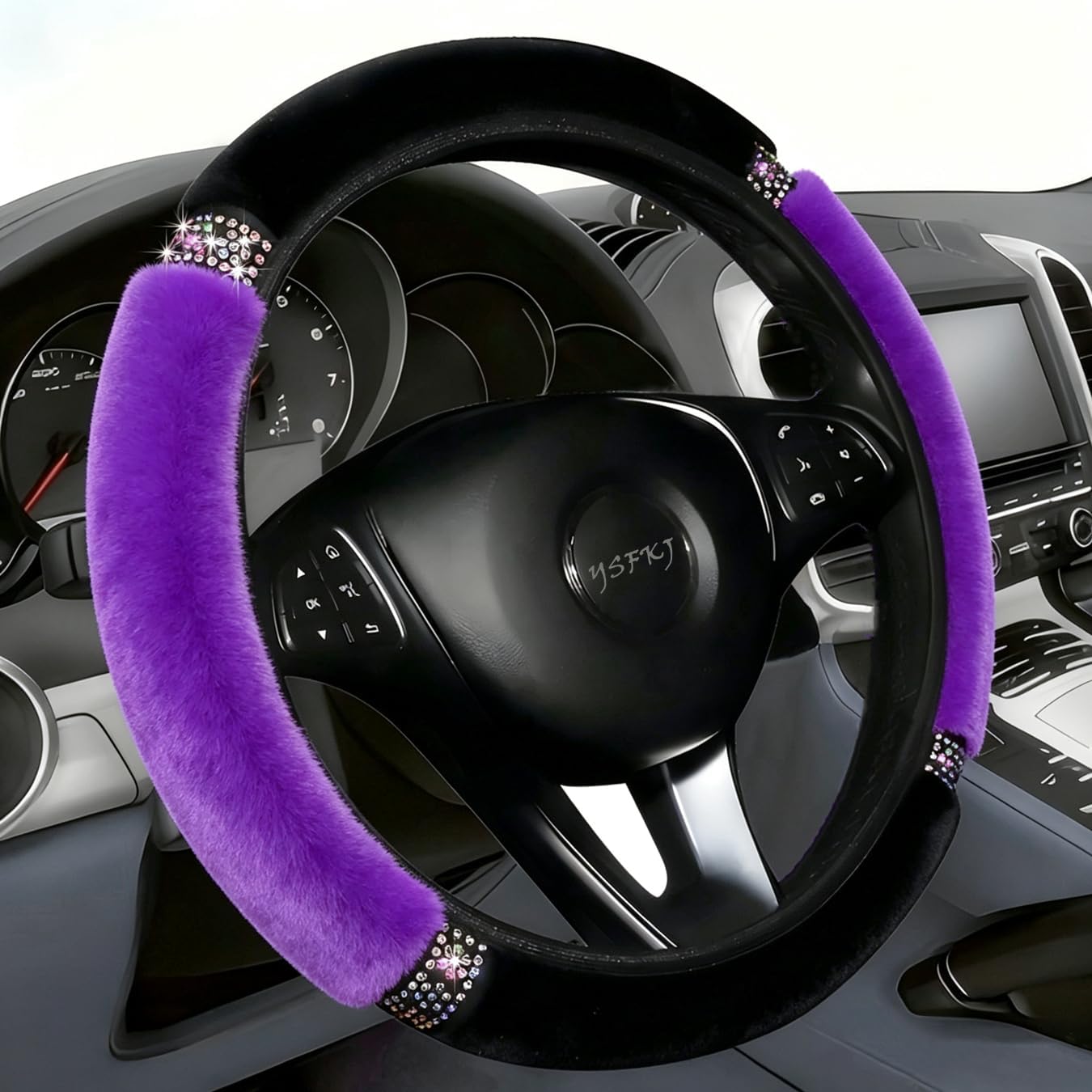 Fluffy Steering Wheel Cover, Universal 15 Inch Colorful Rhinestones Car Steering Wheel Cover, Sparkly Crystal Diamond Steering Wheel Protector for Women Girls,Pink