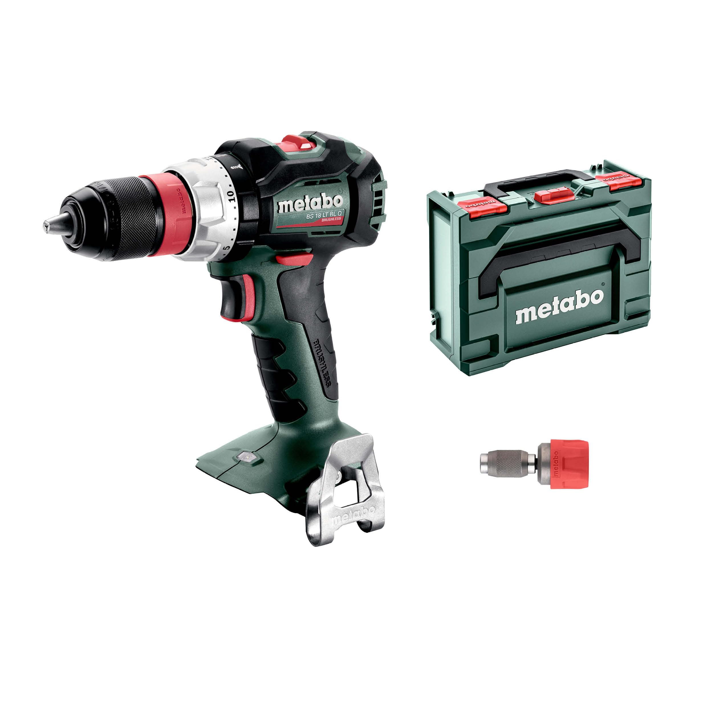 metabo Akku-Bohrschrauber BS 18 LT BL Q, 18 V Brushless Bohrer | Bürstenloser Schrauber ohne Akku und Ladegerät, inkl. metaBox, Bohrfutter, Bithalter, Gürtelhaken und Bitdepot für CAS