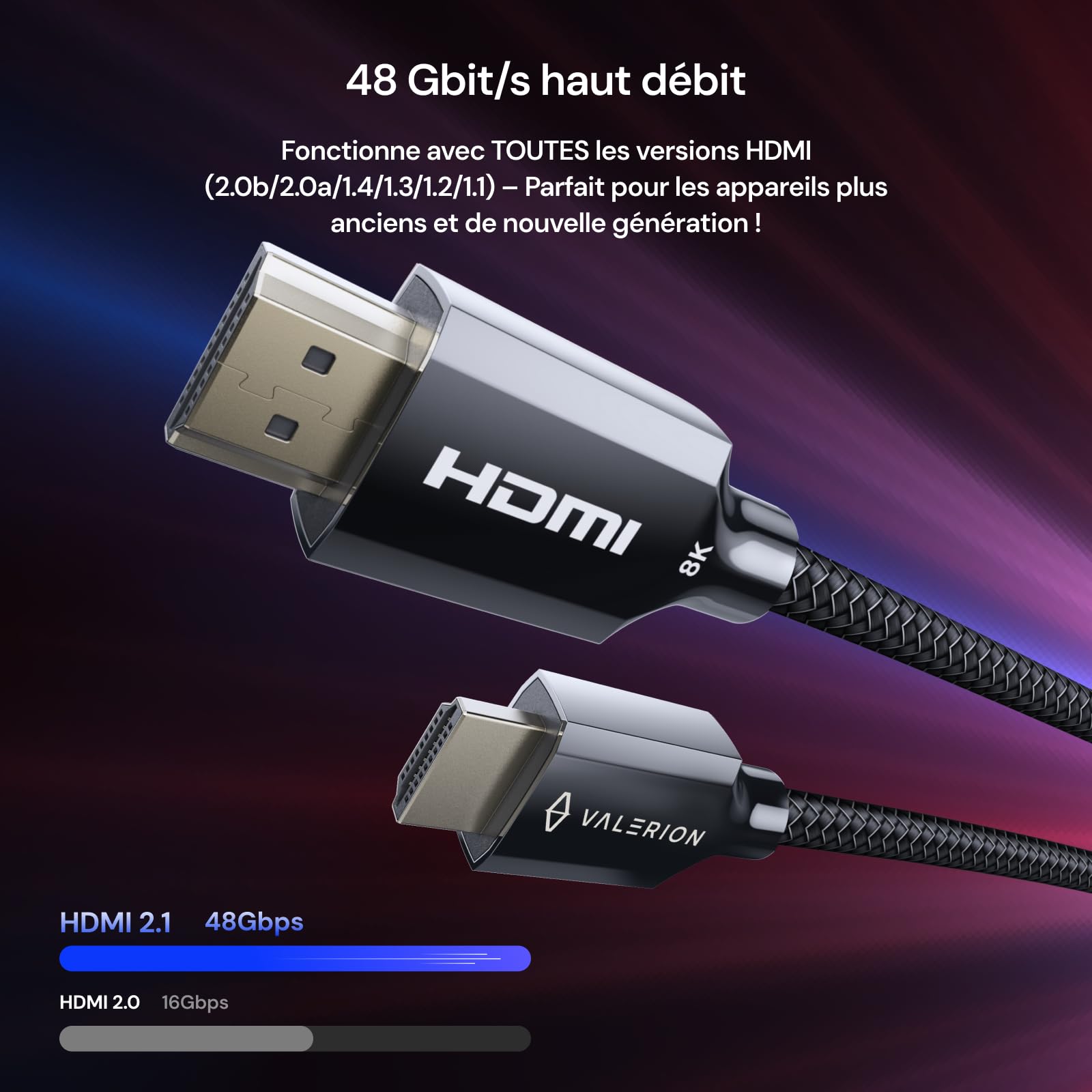 Valerion AWOL Câble HDMI 2.1 Ultra Haut Débit 2 m, Certifié 48 Gbit/s, 8K@60Hz, 4K@120Hz, HDR Dynamique, ALLM/VRR Gaming, Connecteurs Plaqués Or 24K, Compatible PS5, Xbox, PC, TV et Projecteur