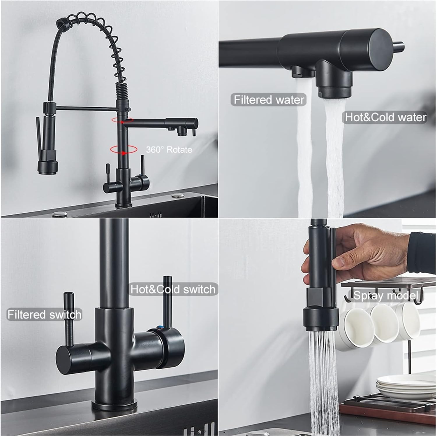 Matte Black Pure Filter Faucet Dual Handle hot and Cold Drinking Water Pull Out Kitchen Mixer Crane Purification