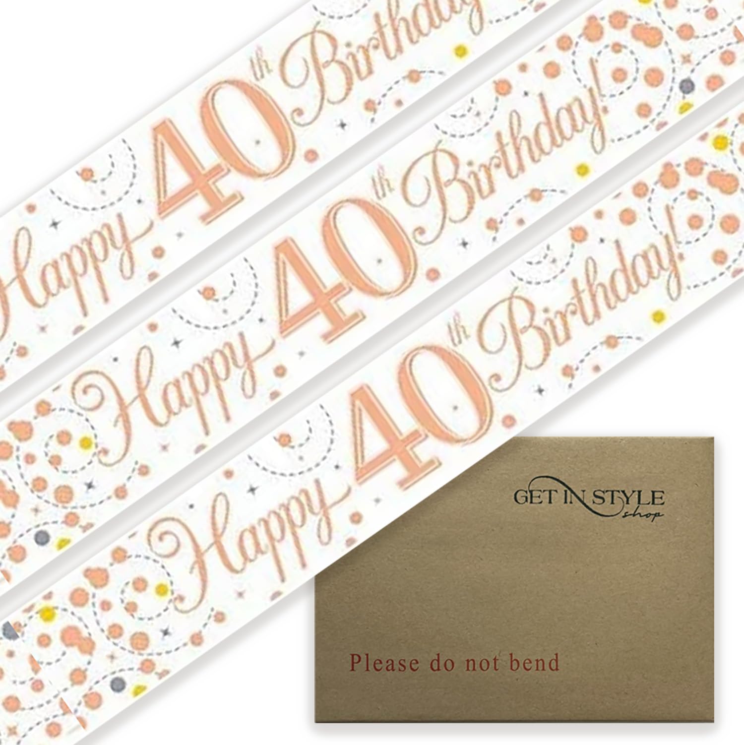 9ft Banner Happy 40th Birthday Sparkling Fizz White & Rose Gold Holographic Foil Pennant by GetInStyle Shop