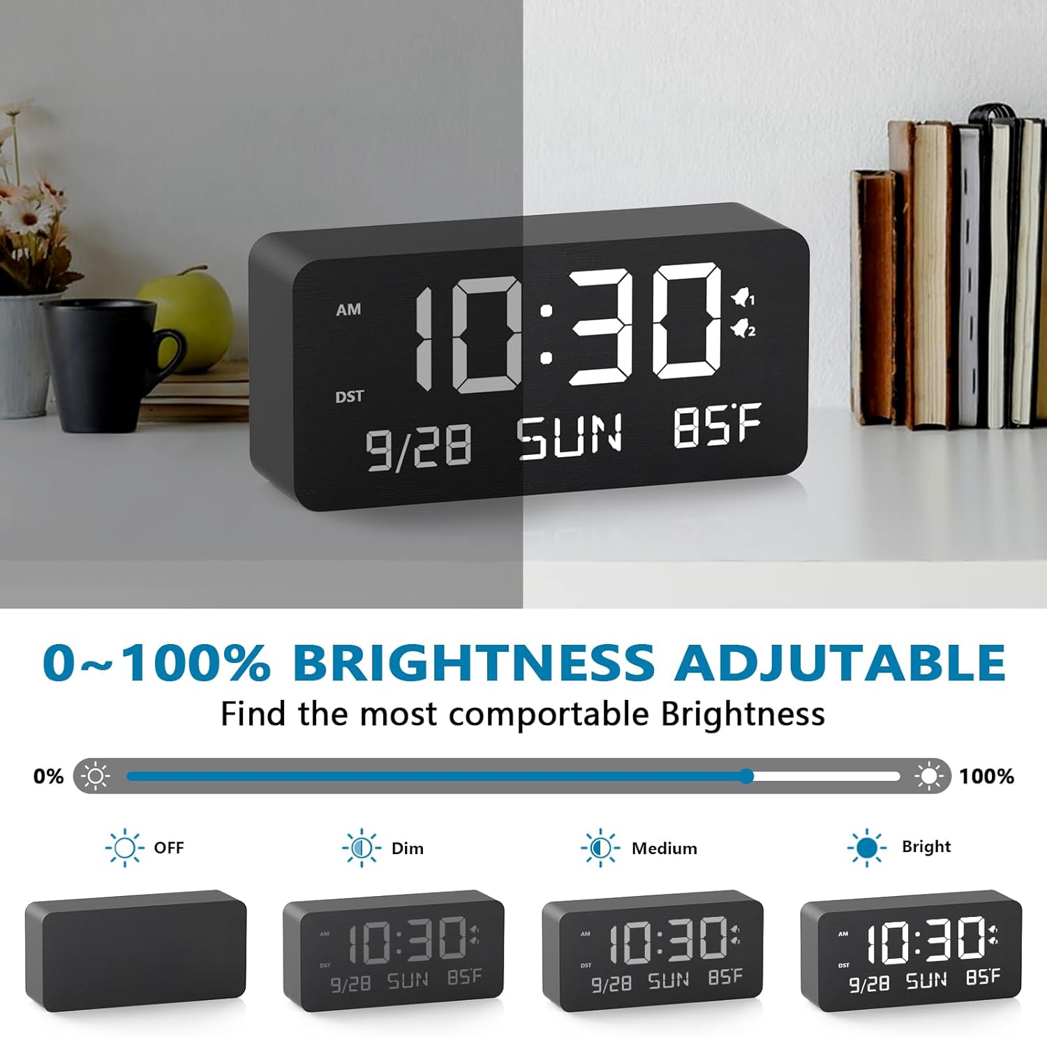 Wooden Digital Alarm Clock for Bedroom - Desk Clock with Date, Day of Week, Temperature, Dual Alarms, Dimmer, USB Port Charge, DST, Adjustable Volume for Living Room/Office Wood Decor (Black)