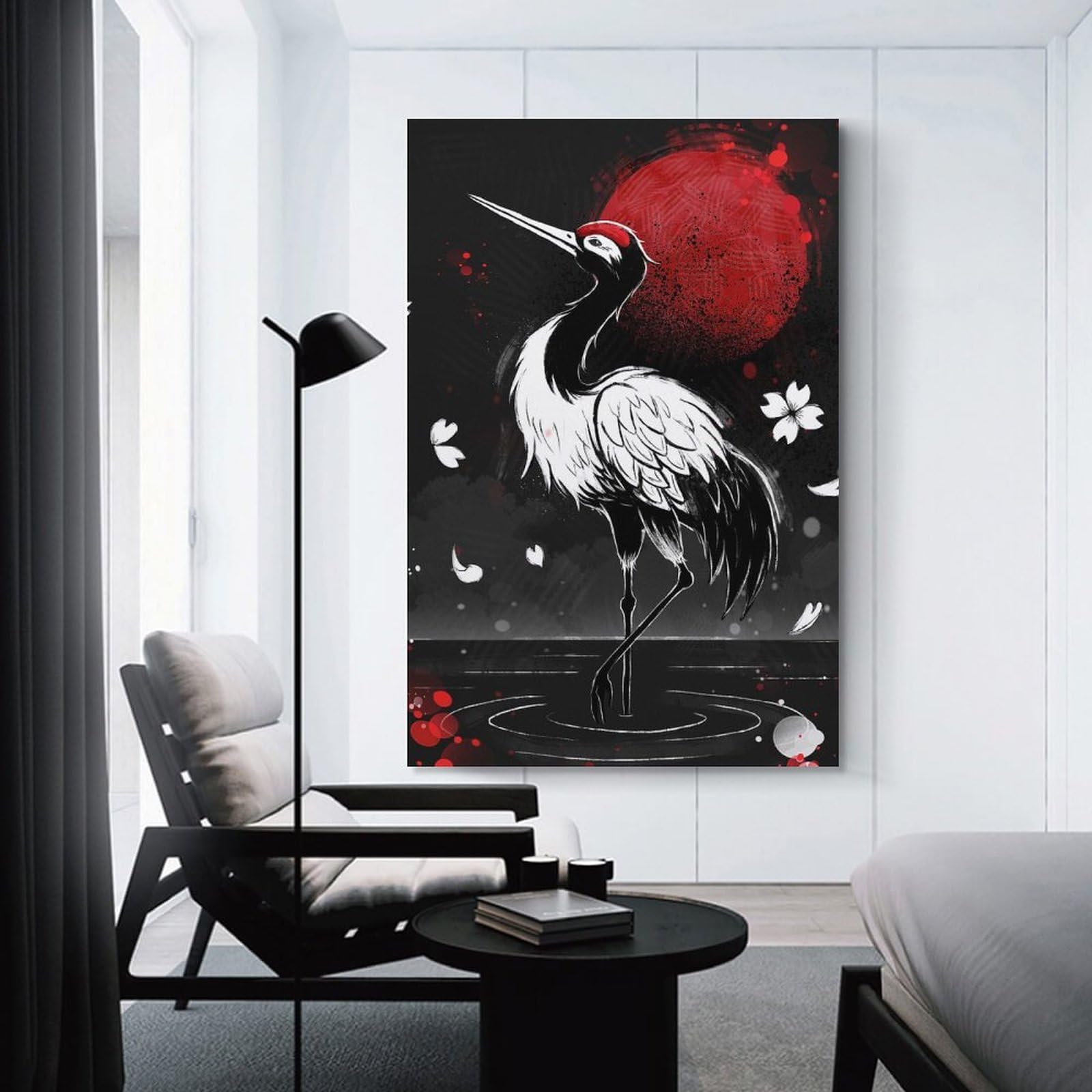Junmoney Canvas Wall Decor Crane And Red Moon Illustration, 20x30inch(50x75cm), for Gallery Wall Decor And Room Displays, An Easy Match for Collected Prints