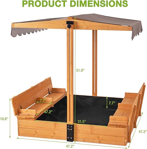Miniatura 6 de GUTINNEEN Caja de arena de madera con toldo ajustable, caja de arena para niños al aire libre con bancos plegables, forro de arena, techo retráctil,