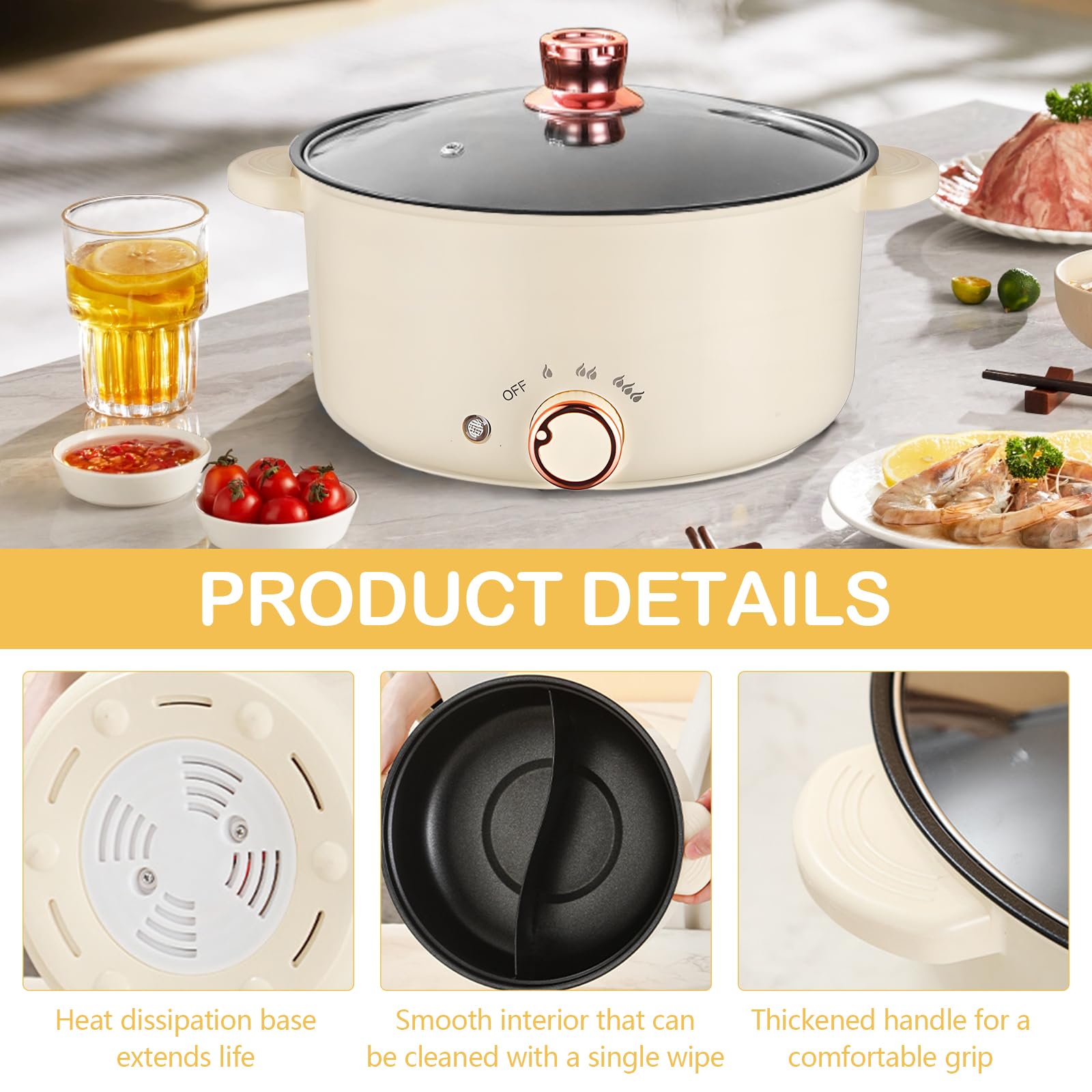 Hot Pot, Olla eléctrica de 4 L con compartimentos Antiadherente Crockpot de 1000 W con 3 Ajustes de Potencia para Cocinar Guisos Hacer Sopa Cocinar Fideos Freír Filetes y Saltear Verduras