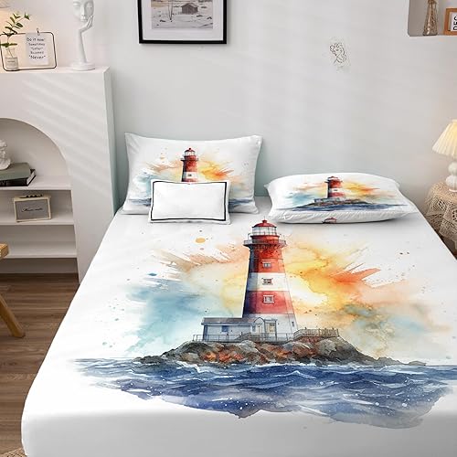 Miniatura 3 de Lighthouse - Juego de sábanas tamaño King, sábanas náuticas, de microfibra suave, bolsillo profundo, sábanas y fundas de almohada estampadas sin