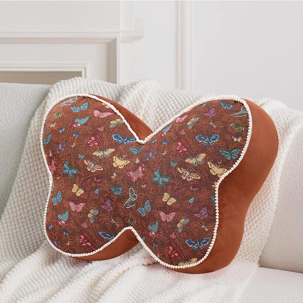 AoTengMY Butterfly Shaped Decorative Throw Pillows - Vintage Butterfly Print Bed Headboard Cushion, Soft Plush Stuffed Animal Pillow for Sofa Chair Bedroom Living Room Decor (Brown,23.6x15.7in)