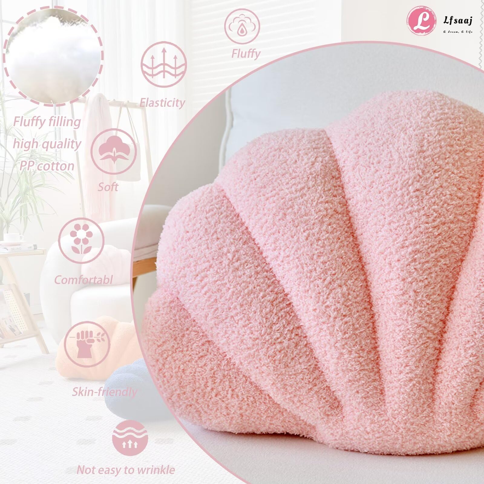 Lfsaaj Almohadas de conchas marinas rosadas, almohadas con forma de concha, almohada decorativa suave para el hogar, cojín de felpa para cama, sofá, sala de estar, decoración de habitación (rosa, 18
