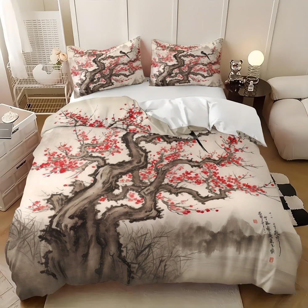 3-częściowy zestaw pościeli z mikrofibry malowanie tuszem kwiaty śliwki kwiaty poszwa na kołdrę 260 x 240 cm dla 2 osób, zestaw pościeli brązowy miękka poszwa na kołdrę dla dzieci dorosłych