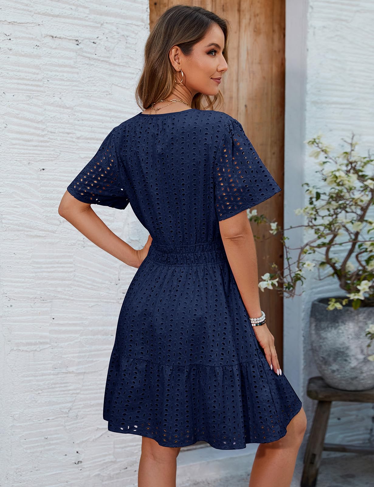 Svanco Vestito Donna in Cotone, Abito Estivo Donna Elegante con Scollo a V e Motivo Traforato, Abito Cerimonia Donna per Matrimonio in Spiaggia, Casual, Feste e Vita Quotidiana