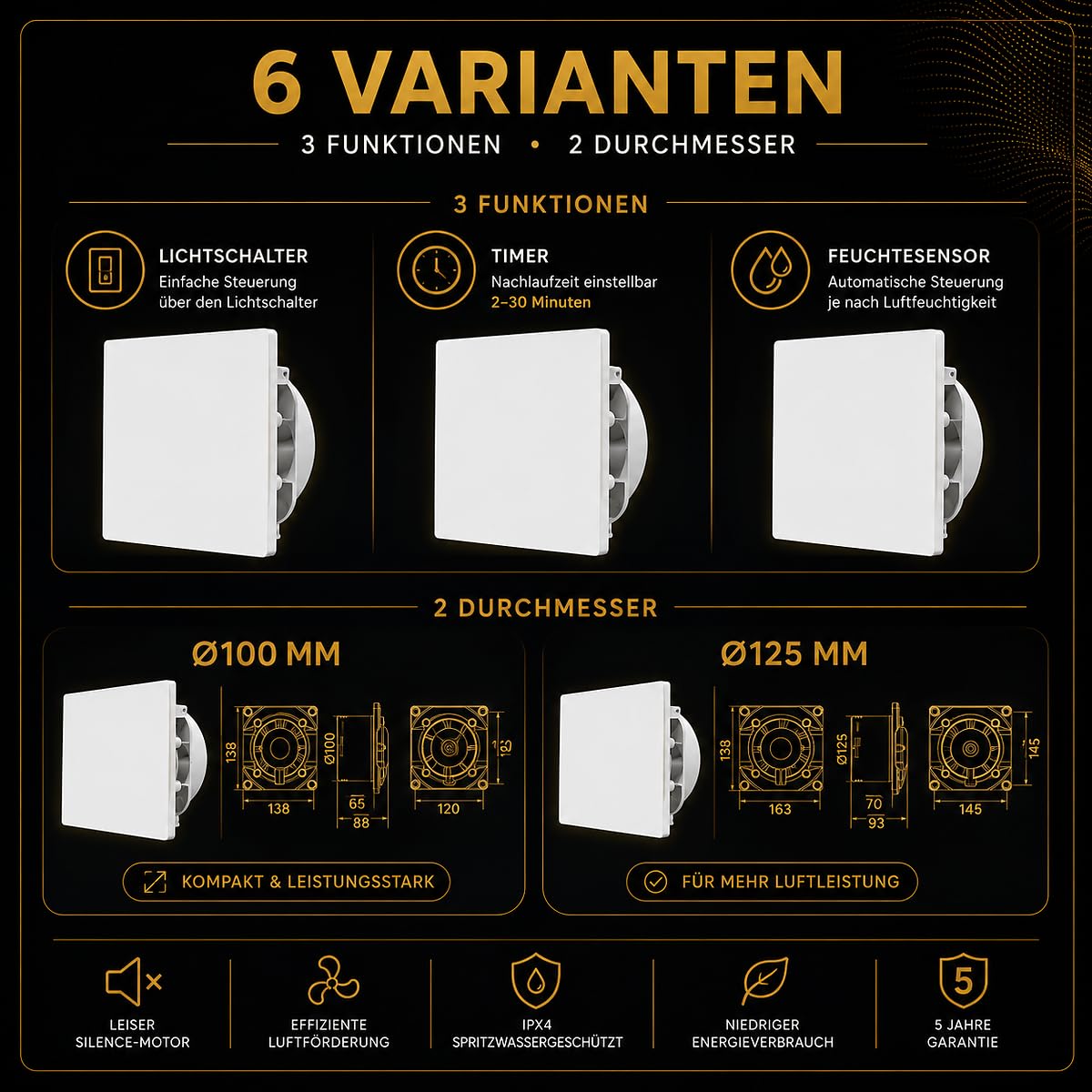 Whisper Pro-Design Badlüfter - Flüsterleise mit Nachlauf & Feuchtigkeitssensor - Ø 100 mm - Weiß - Energieeffizient