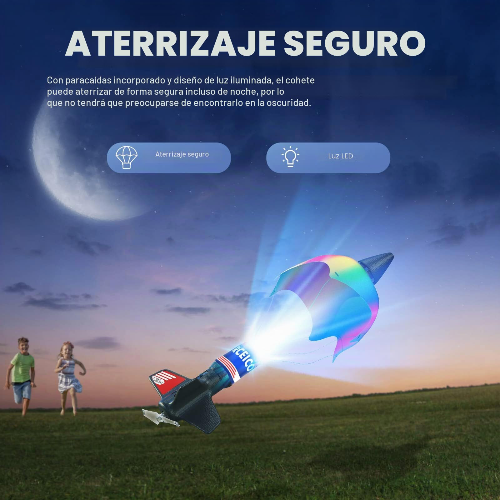Raketen Spielzeug für Kinder mit Fallschirm, LED-Licht, bis 200 Fuß | Wiederaufladbar, Selbststartend, Fallschirm, LED-Licht, bis 200 Fuß Flughöhe, Outdoor-Spielzeug für Kinder von 6–14 Blue