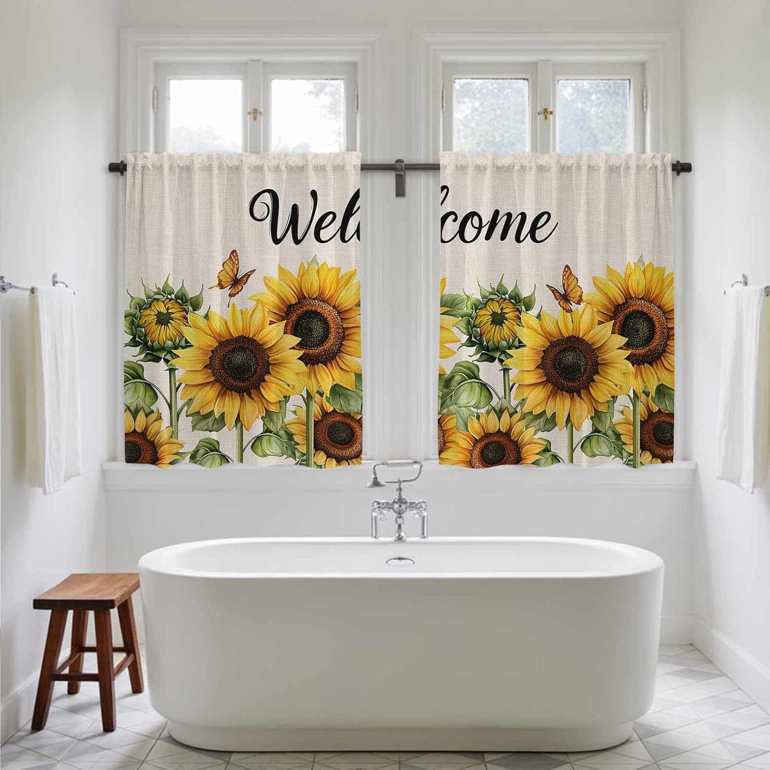 Sunflower Kitchen Curtains, Summer Botanical Floral Rustic Welcome Light Filtering Window Curtain Panels, 2Pcs Rod Pocket Window Treatments Set for Study Room Bathroom Bedroom 52x54 Inches