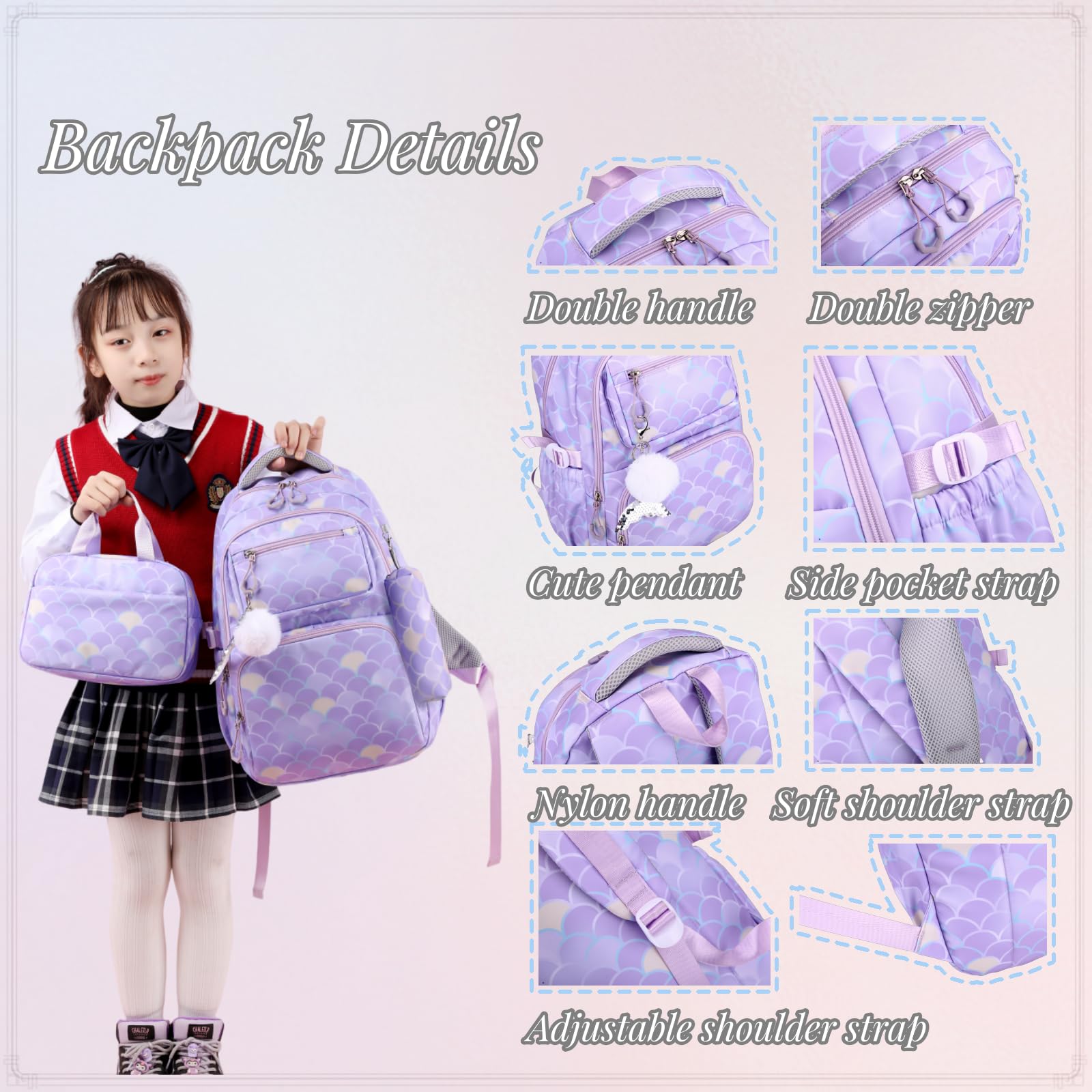 VIDOSCLA Zaino scolastico per bambini e ragazze, borsa per libri per studenti elementari, borsa colorata per la scuola per ragazze, A07# Blu, L