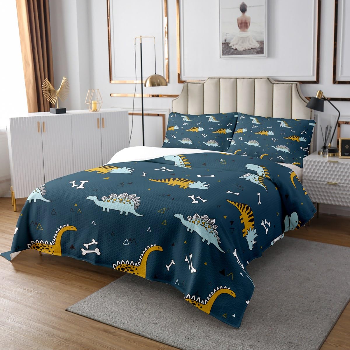 Cartoon Dinosaurier Tagesdecke M Größe Kinder Jungen Nette Knochen und quadratische Muster Bettwäsche Set Wilde Tiere Tröster Coverlet Teens Kinderzimmer Dekor Dunkelblau Tröster Set,2 Kissenbezug